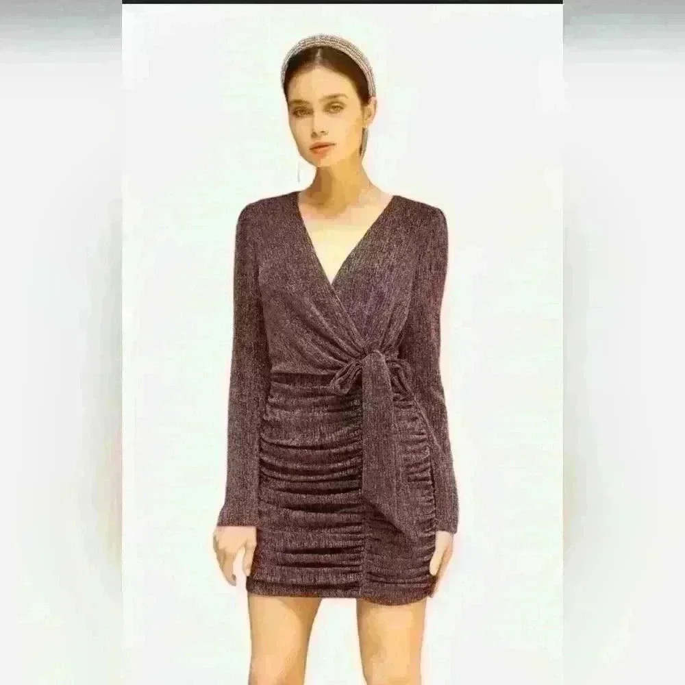 Adelyn Rae (169$) | Pink Metallic Wrap-Front Mini Dress, Size L